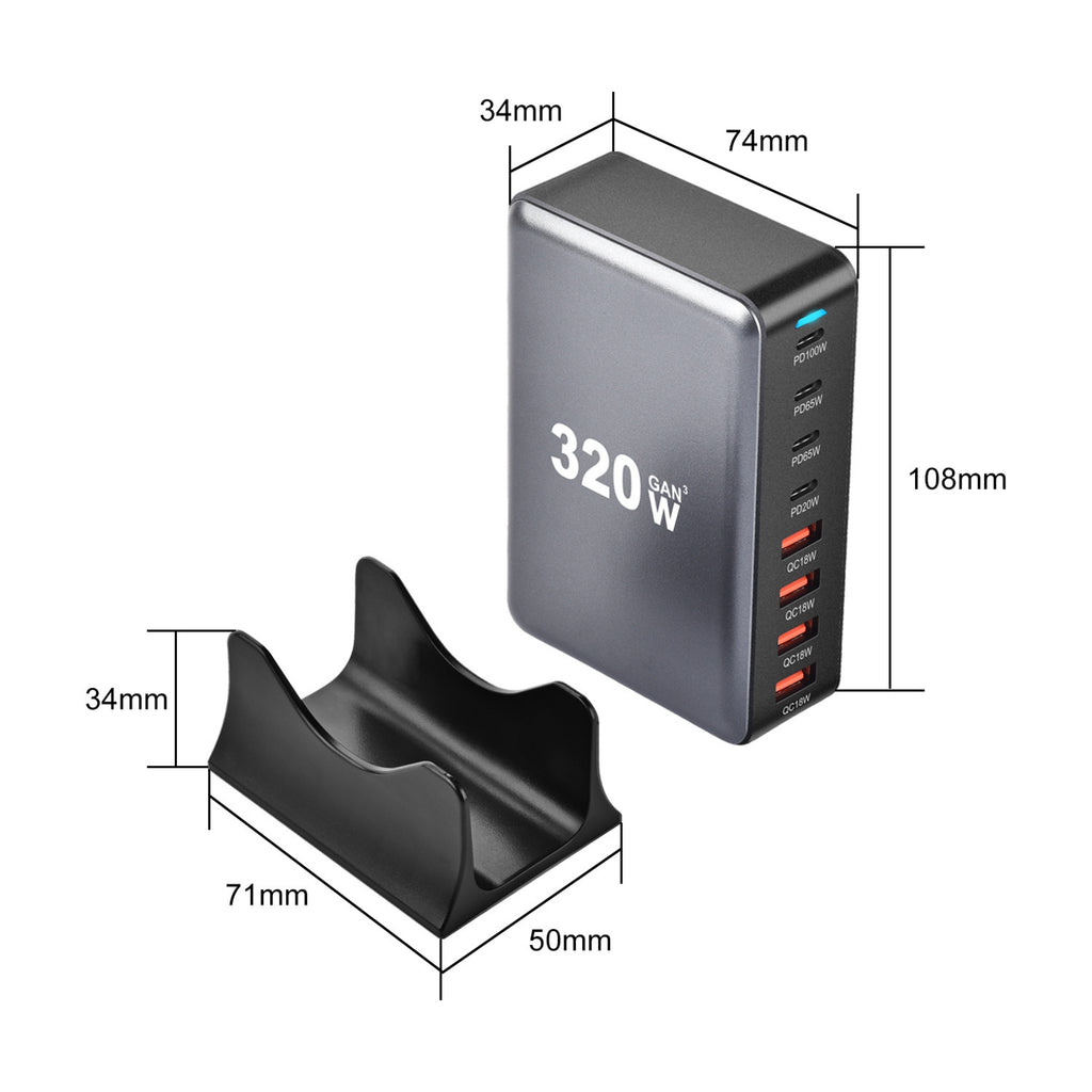 1000W / 320W GaN Desktop Charging Station – Multi-Port USB-C Fast Charger with Intelligent Power Allocation