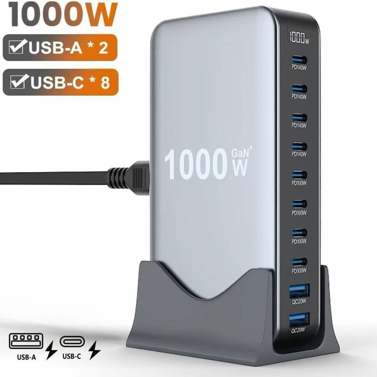1000W / 320W GaN Desktop Charging Station – Multi-Port USB-C Fast Charger with Intelligent Power Allocation