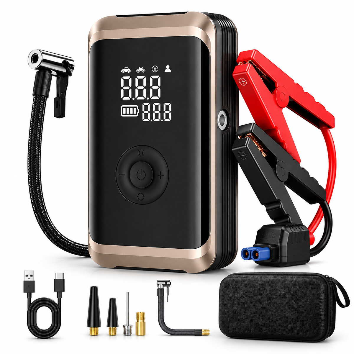 12V Car Jump Starter & Tire Inflator 6000mAh, 800A Peak Current, Digital Air Compressor with LED Light