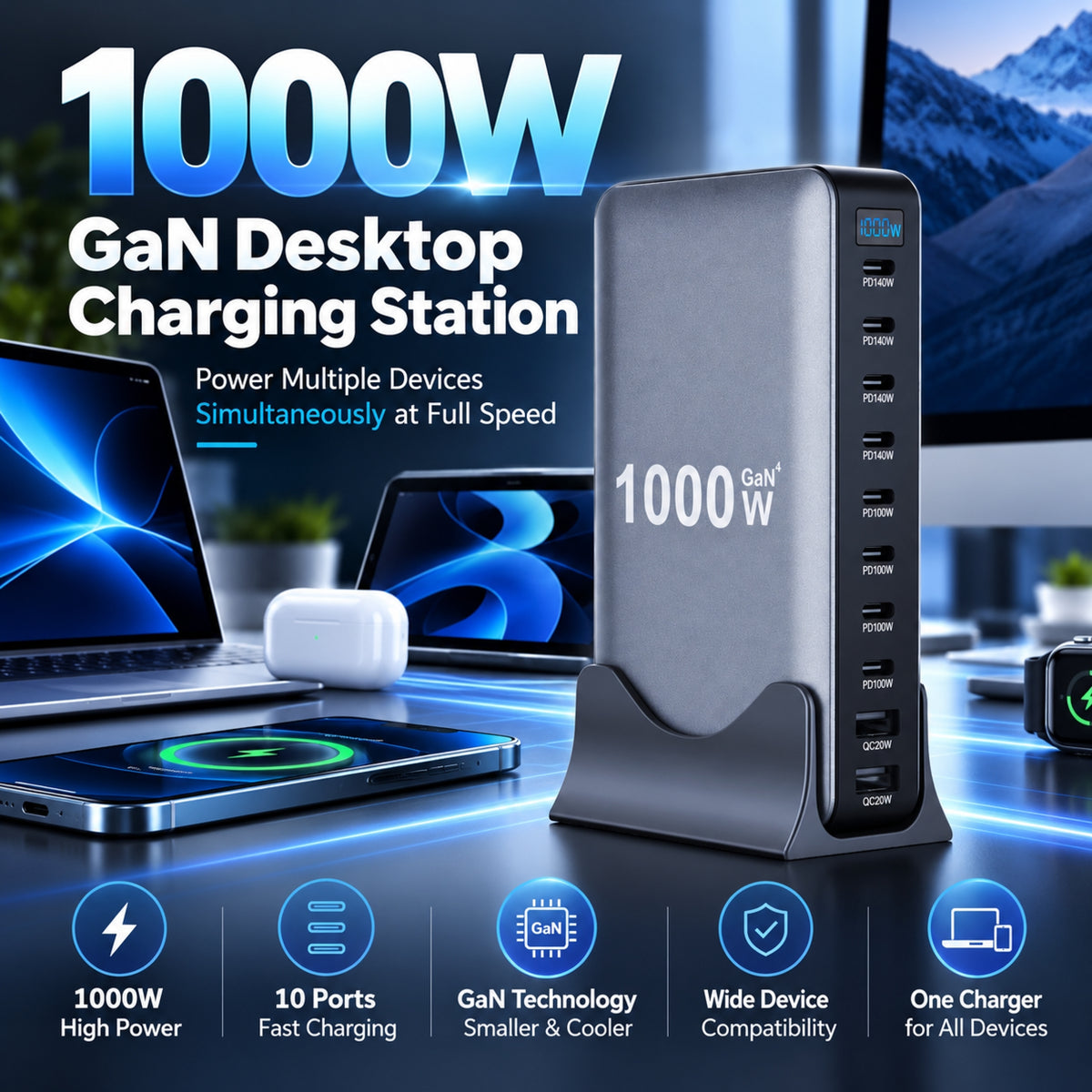 1000W / 320W GaN Desktop Charging Station – Multi-Port USB-C Fast Charger with Intelligent Power Allocation