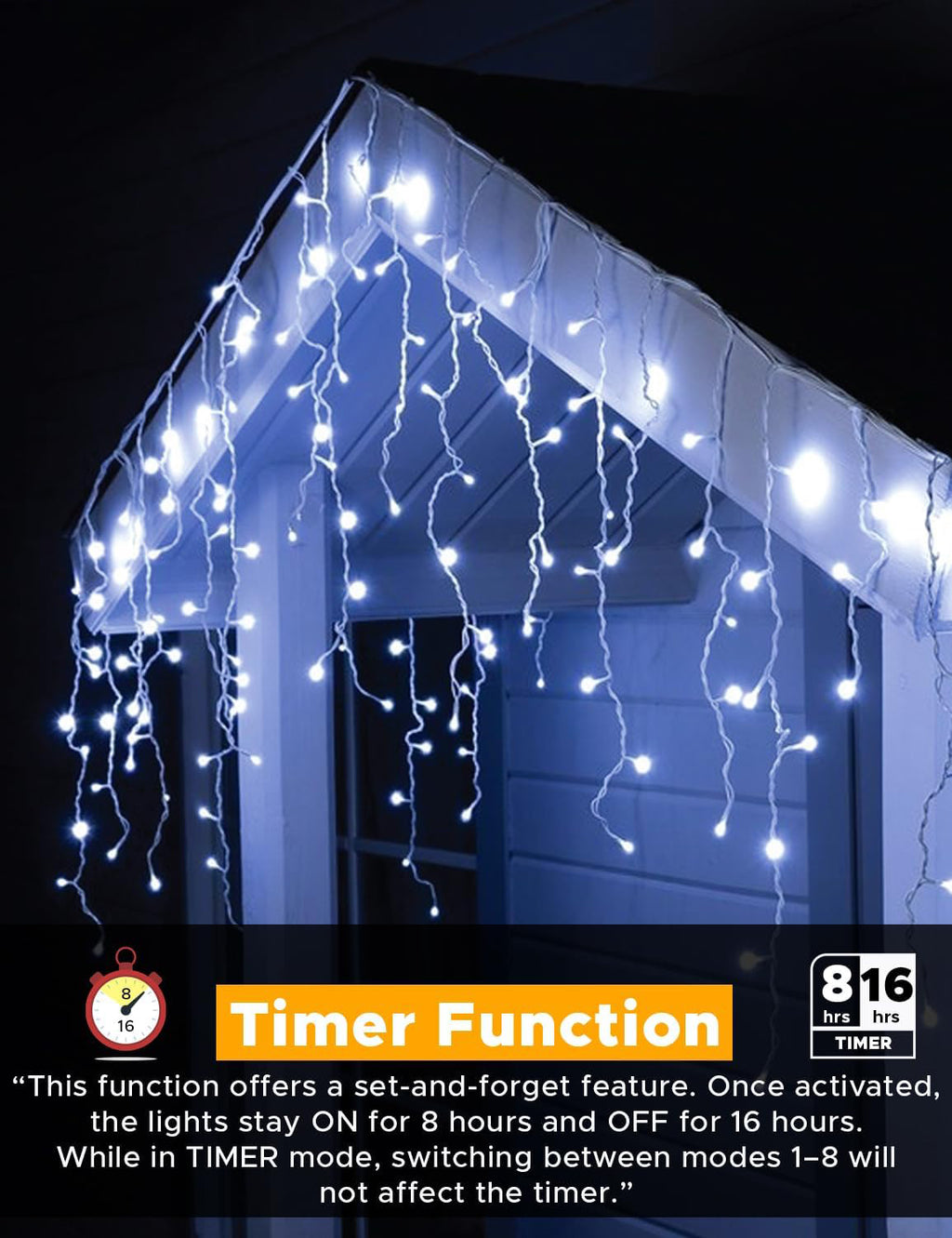 Cool/Warm White Christmas Icicle Lights with Timer & 8 Modes for Outside