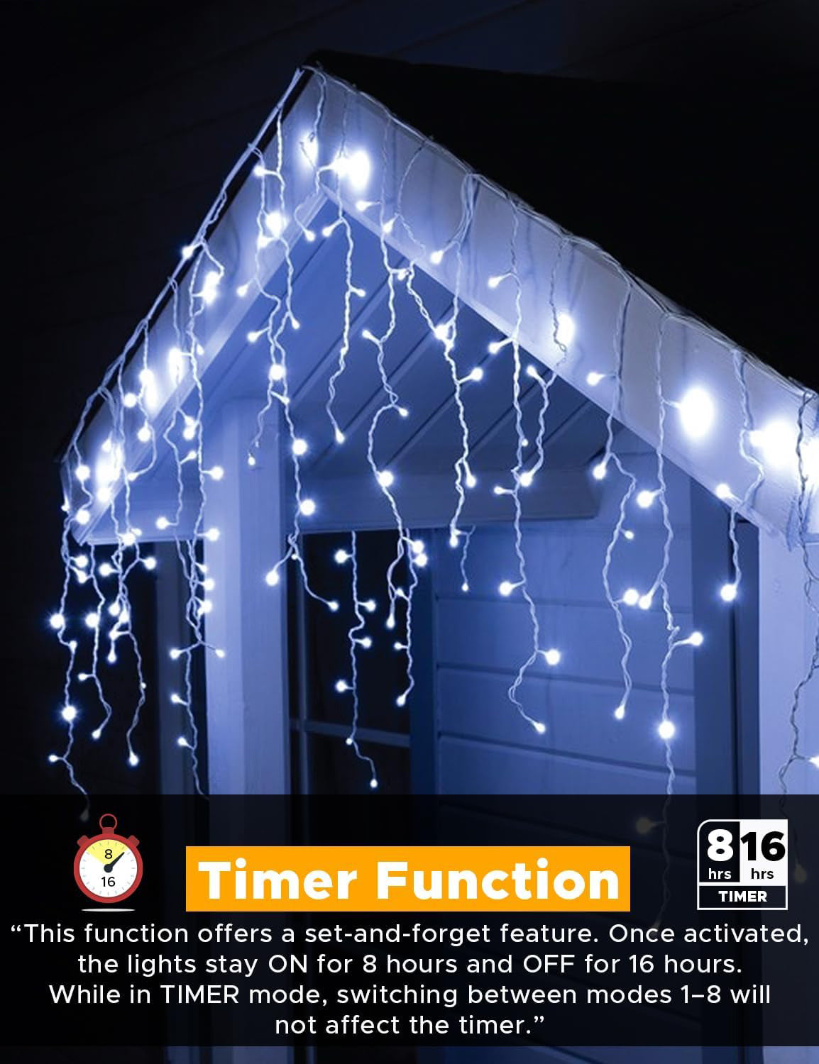 Cool/Warm White Christmas Icicle Lights with Timer & 8 Modes for Outside