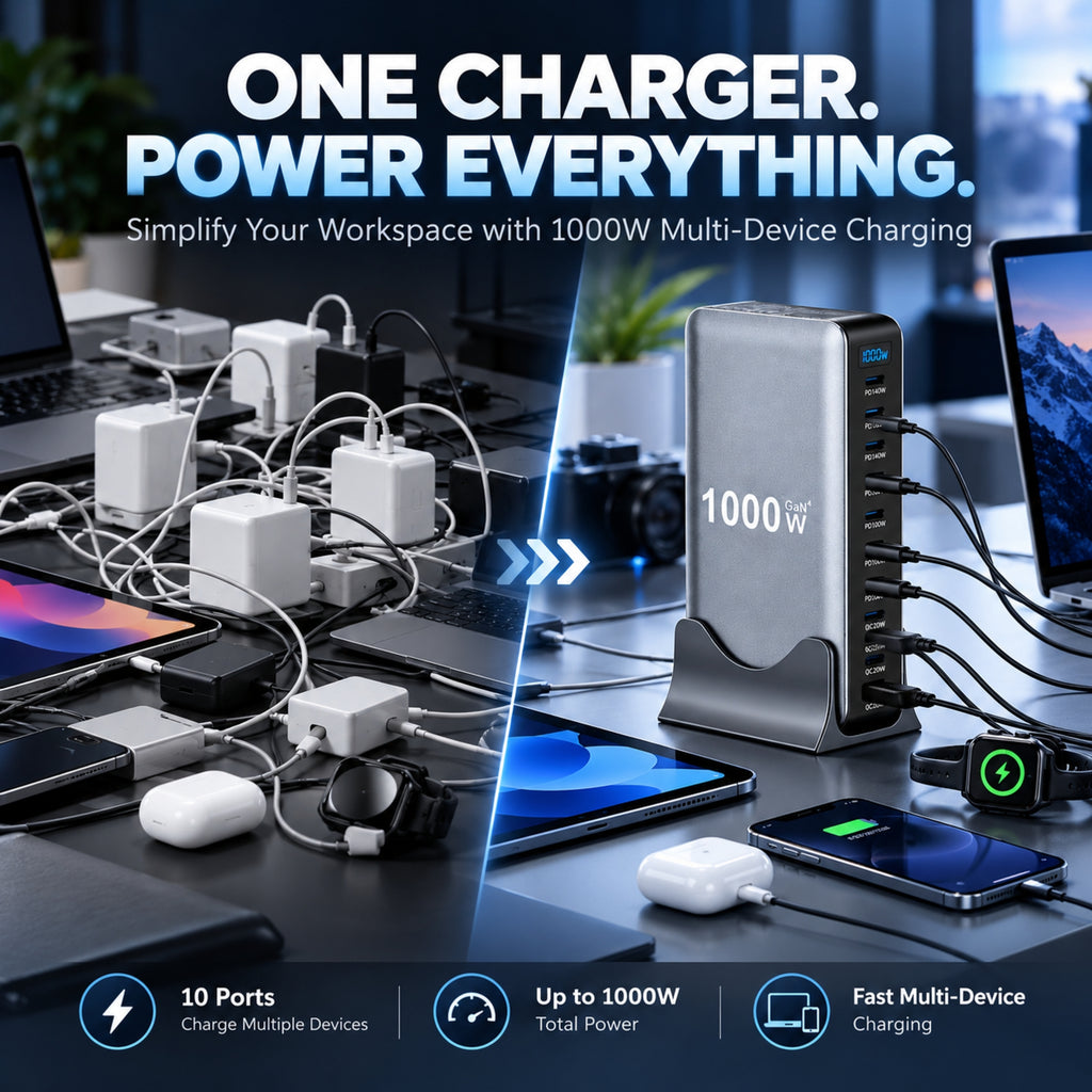 1000W / 320W GaN Desktop Charging Station – Multi-Port USB-C Fast Charger with Intelligent Power Allocation