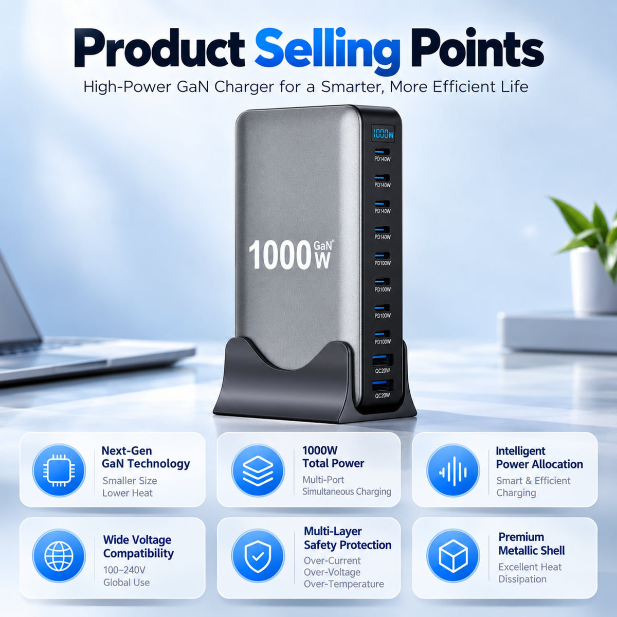 1000W / 320W GaN Desktop Charging Station – Multi-Port USB-C Fast Charger with Intelligent Power Allocation