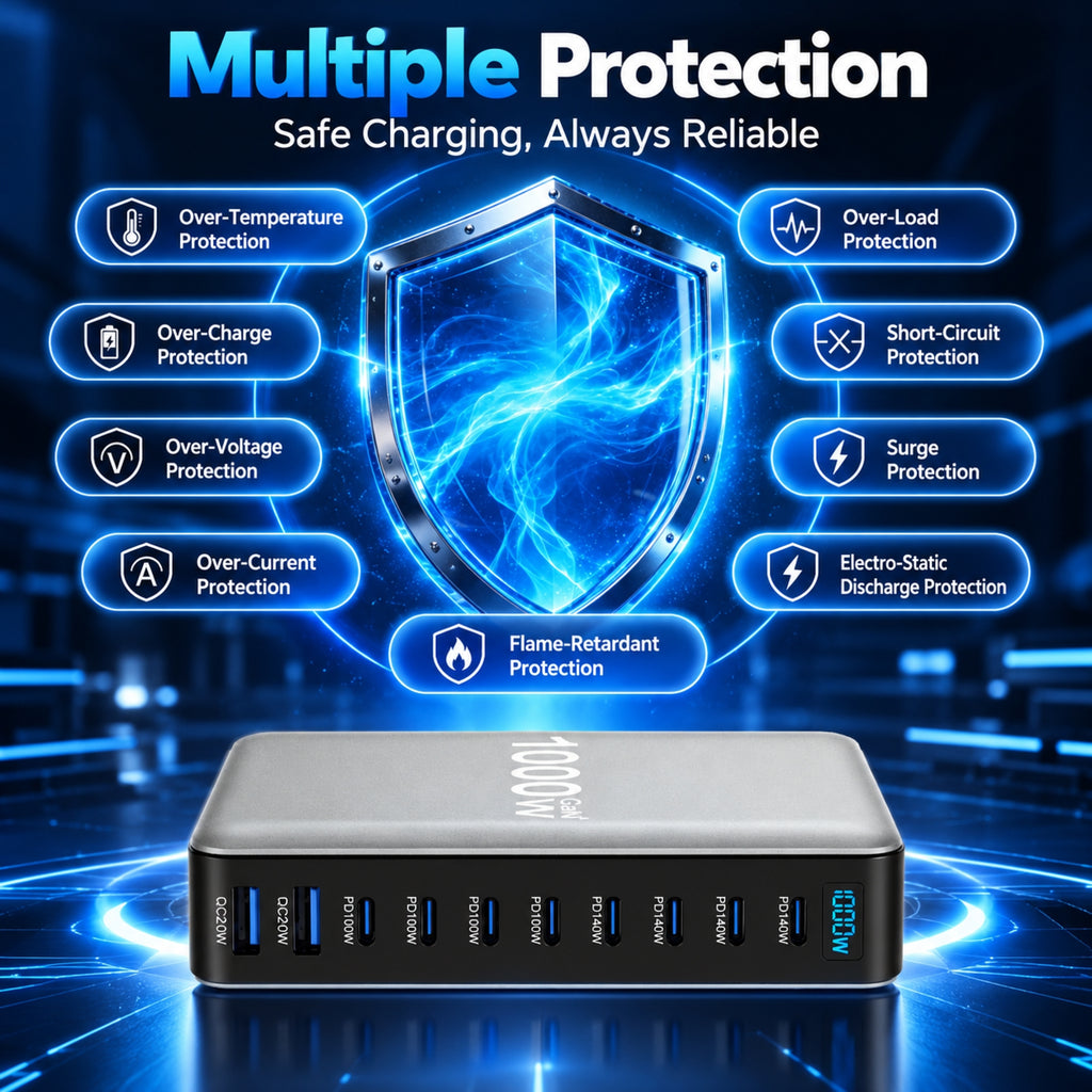 1000W / 320W GaN Desktop Charging Station – Multi-Port USB-C Fast Charger with Intelligent Power Allocation