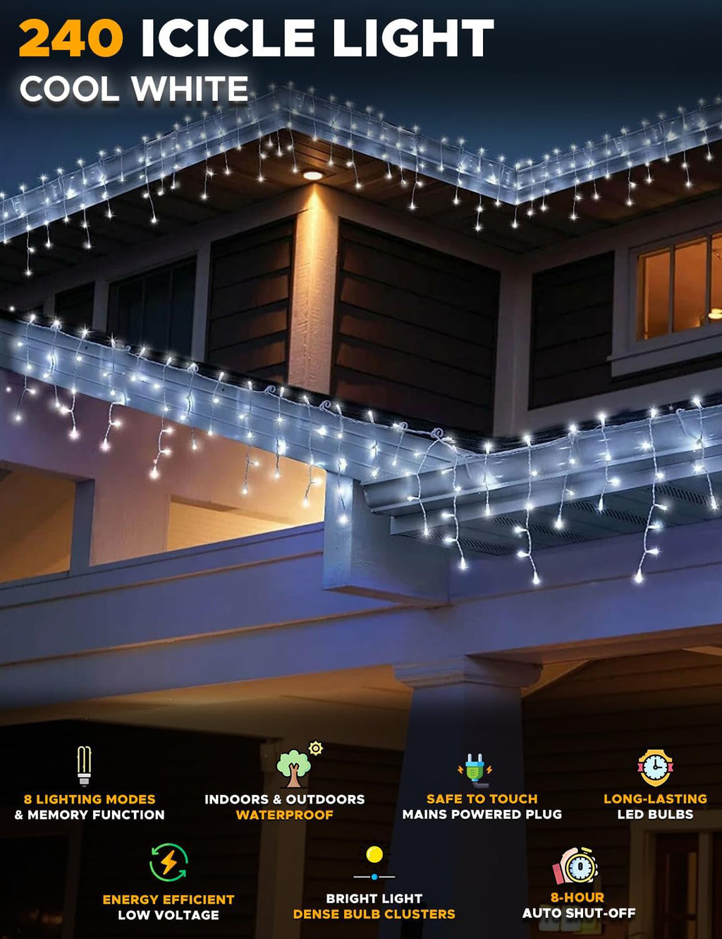 Cool/Warm White Christmas Icicle Lights with Timer & 8 Modes for Outside