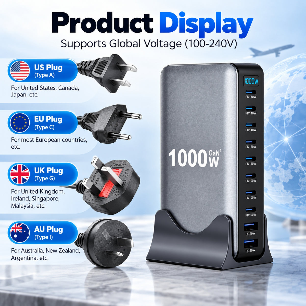 1000W / 320W GaN Desktop Charging Station – Multi-Port USB-C Fast Charger with Intelligent Power Allocation