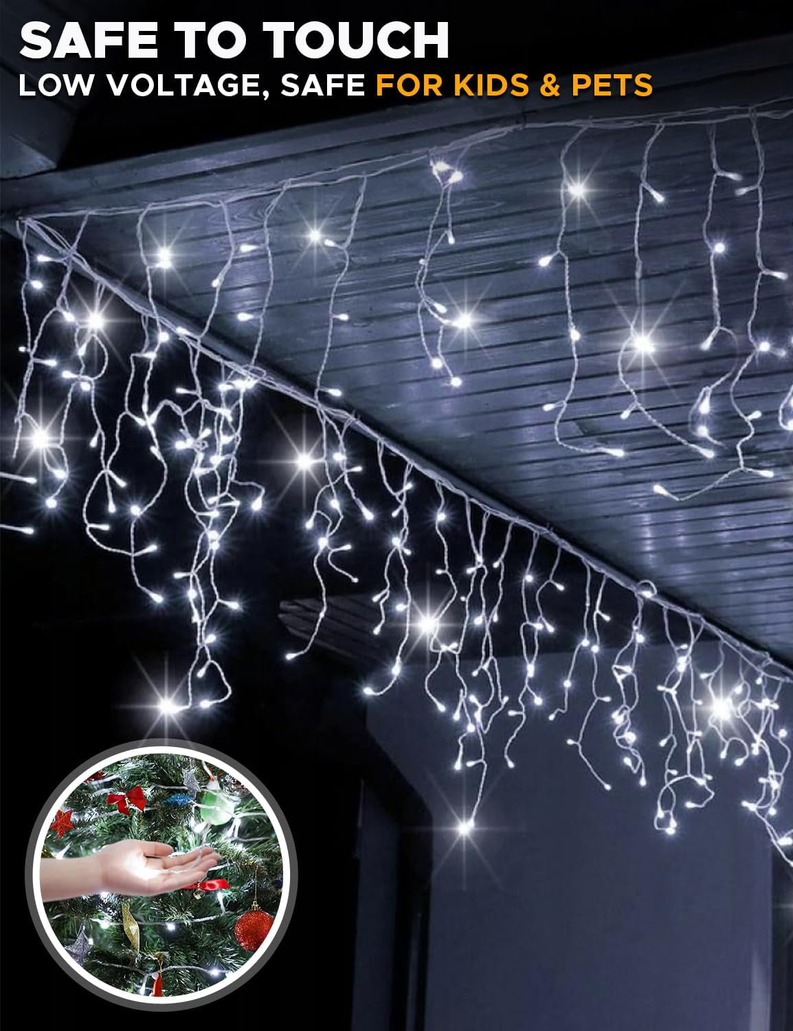 Cool/Warm White Christmas Icicle Lights with Timer & 8 Modes for Outside