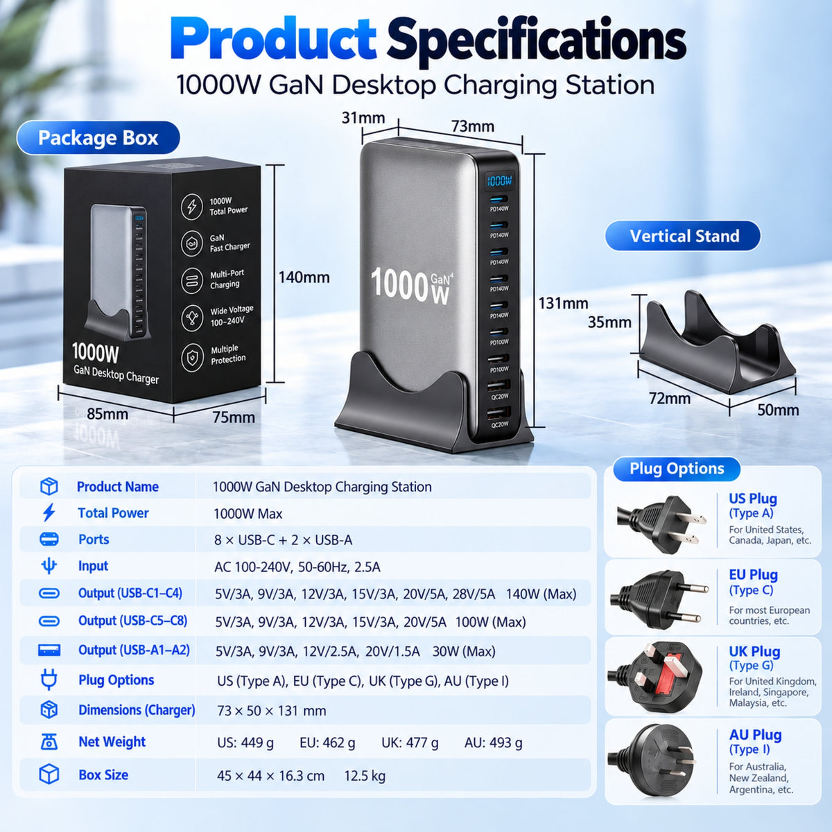 1000W / 320W GaN Desktop Charging Station – Multi-Port USB-C Fast Charger with Intelligent Power Allocation
