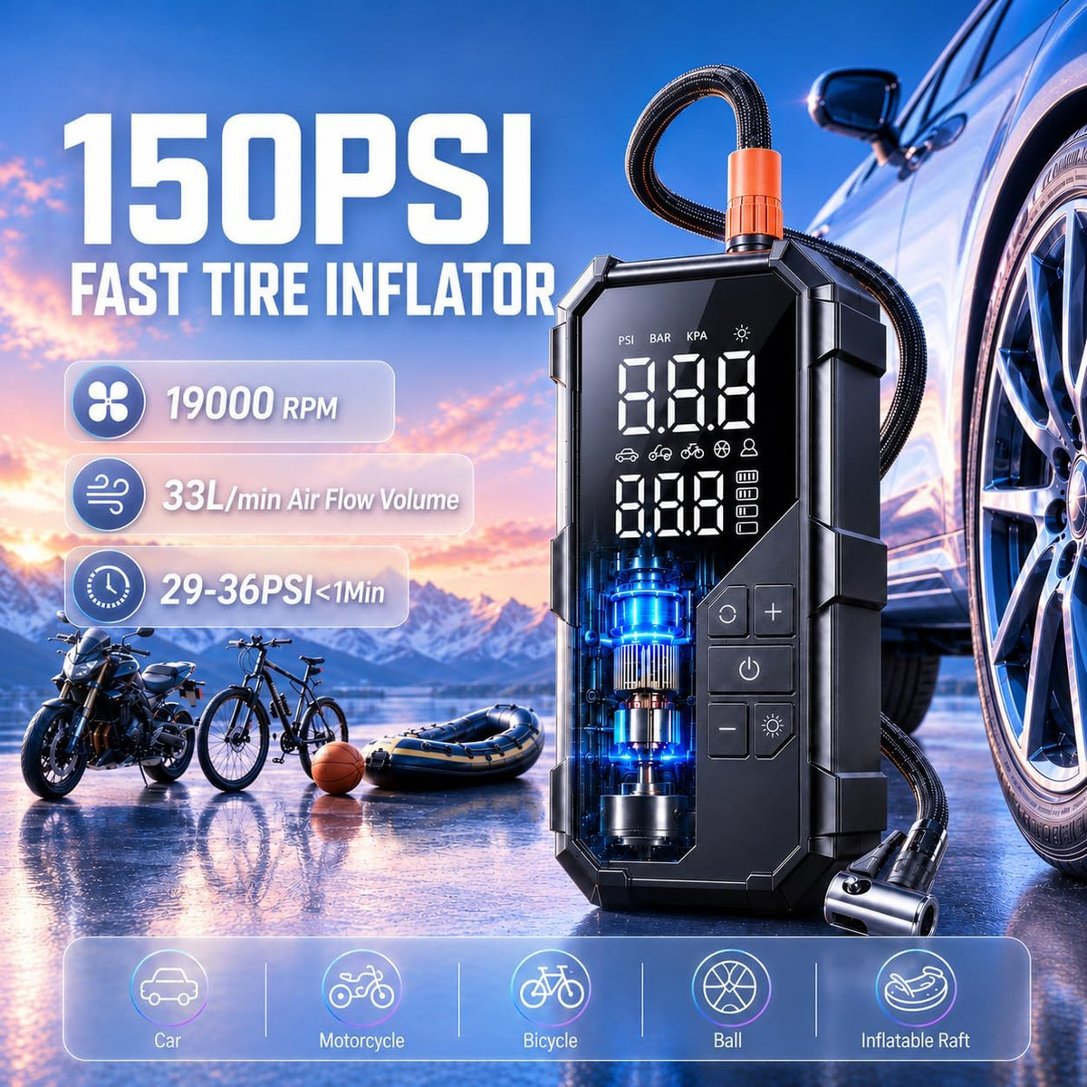 8000mAh Car Jump Starter with Air Compressor, 150 PSI Tire Inflator & Power Bank