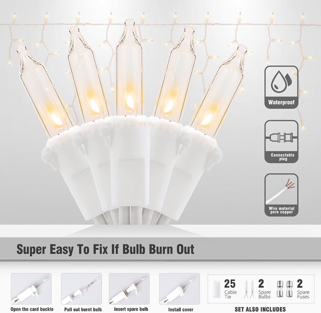 Icicle Lights Outdoor, 23FT 200 Warm White LEDs & Connectable Design