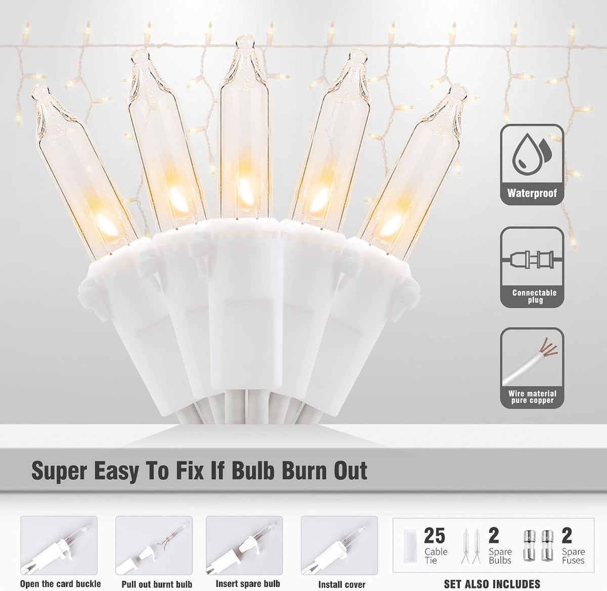 Icicle Lights Outdoor, 23FT 200 Warm White LEDs & Connectable Design