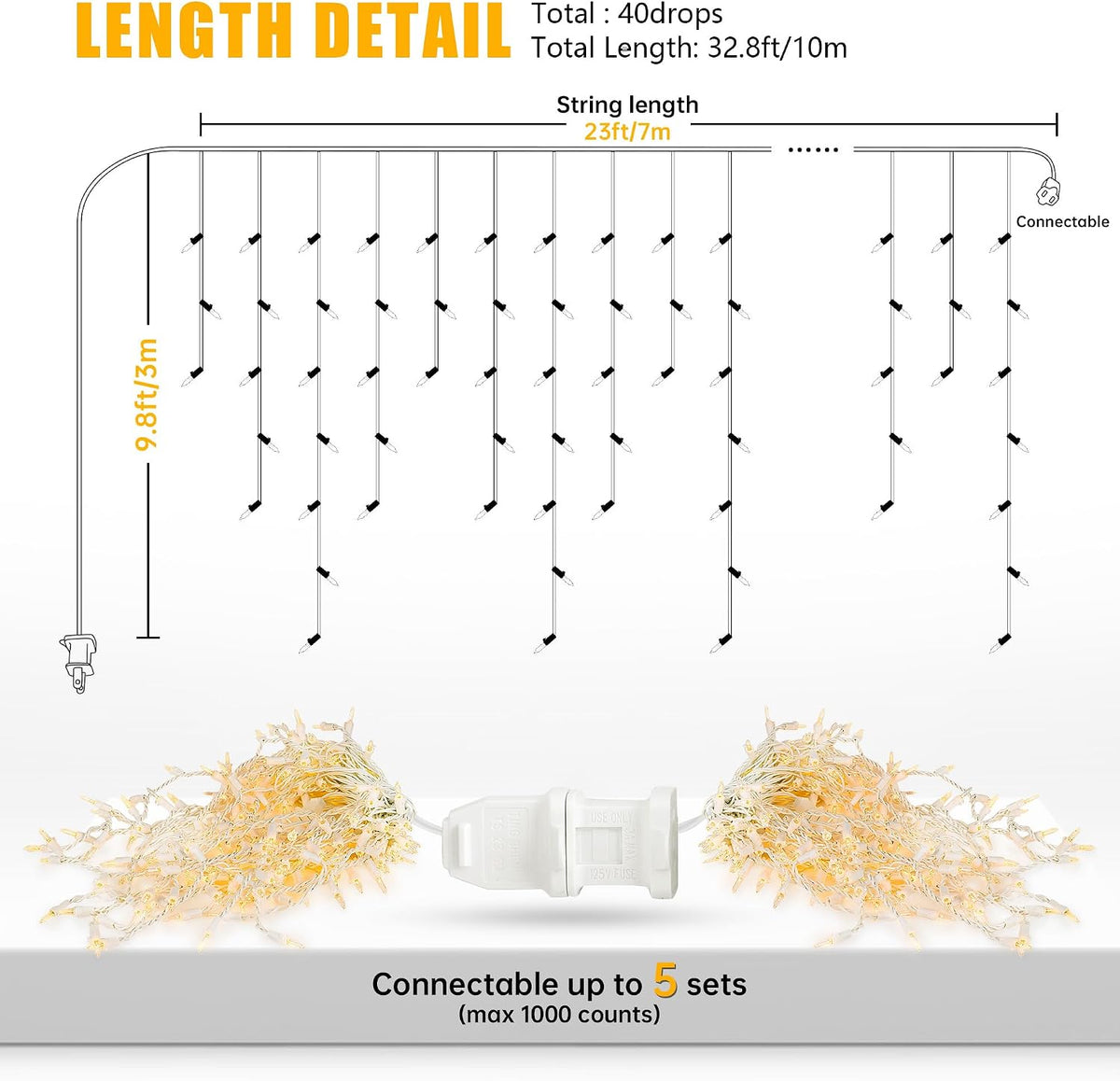 Icicle Lights Outdoor, 23FT 200 Warm White LEDs & Connectable Design