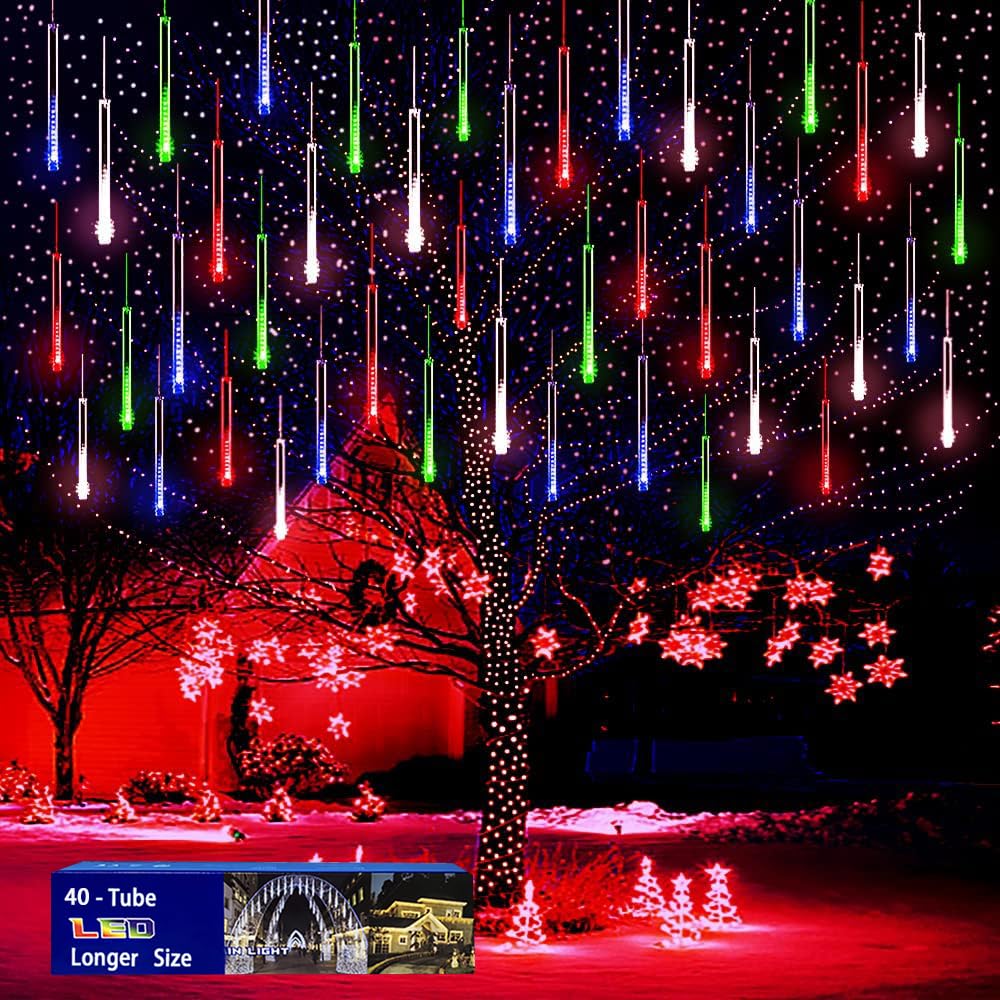 Blue Christmas Icicle Lights Outdoor: 40 Tube Meteor Shower Rain Lights