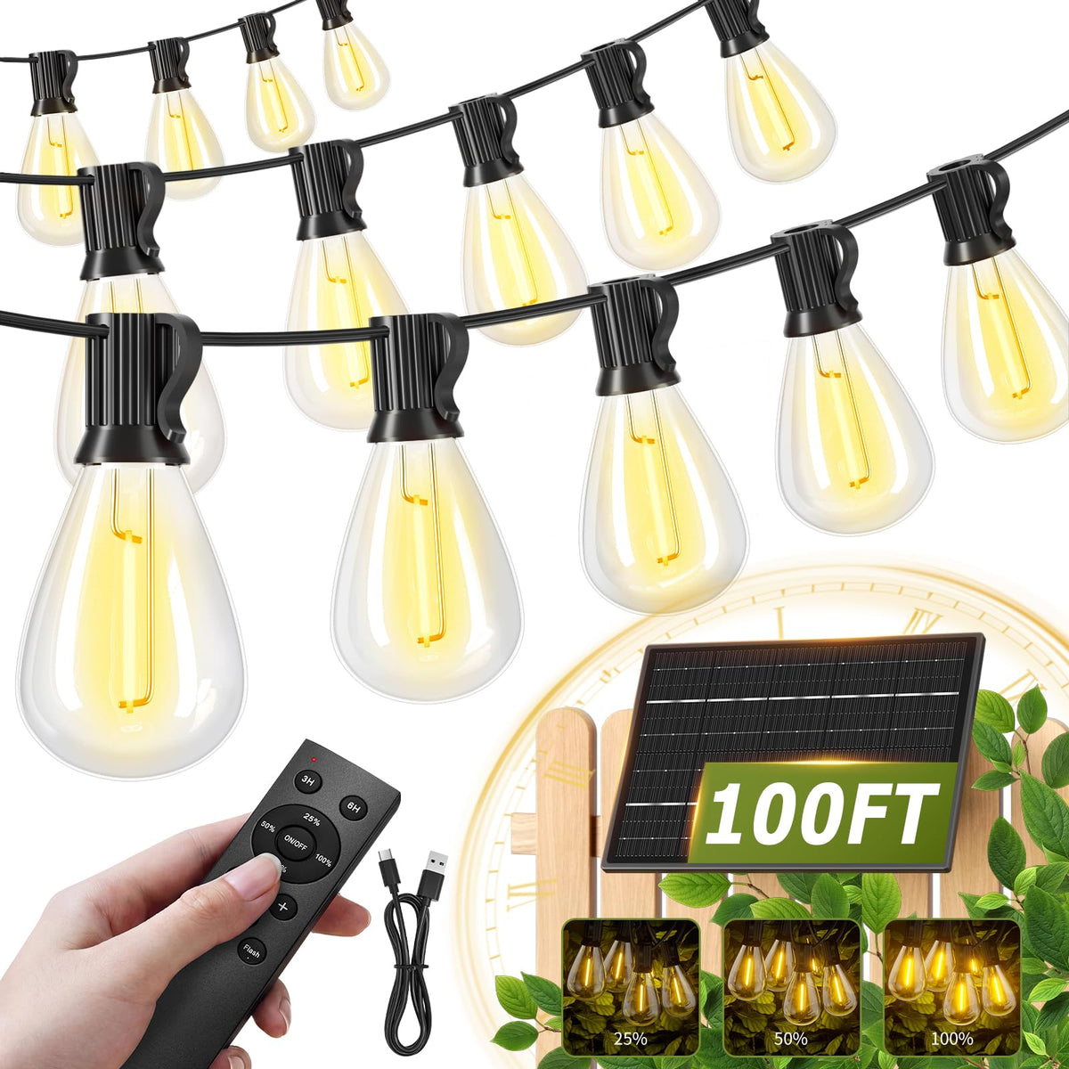 200FT Solar String Lights Outdoor Waterproof 72+2 LED Bulbs, Solar Powered with Remote & USB Port, 3 Light Modes Dimmable Patio Lights for Large Backyard, Garden, Party