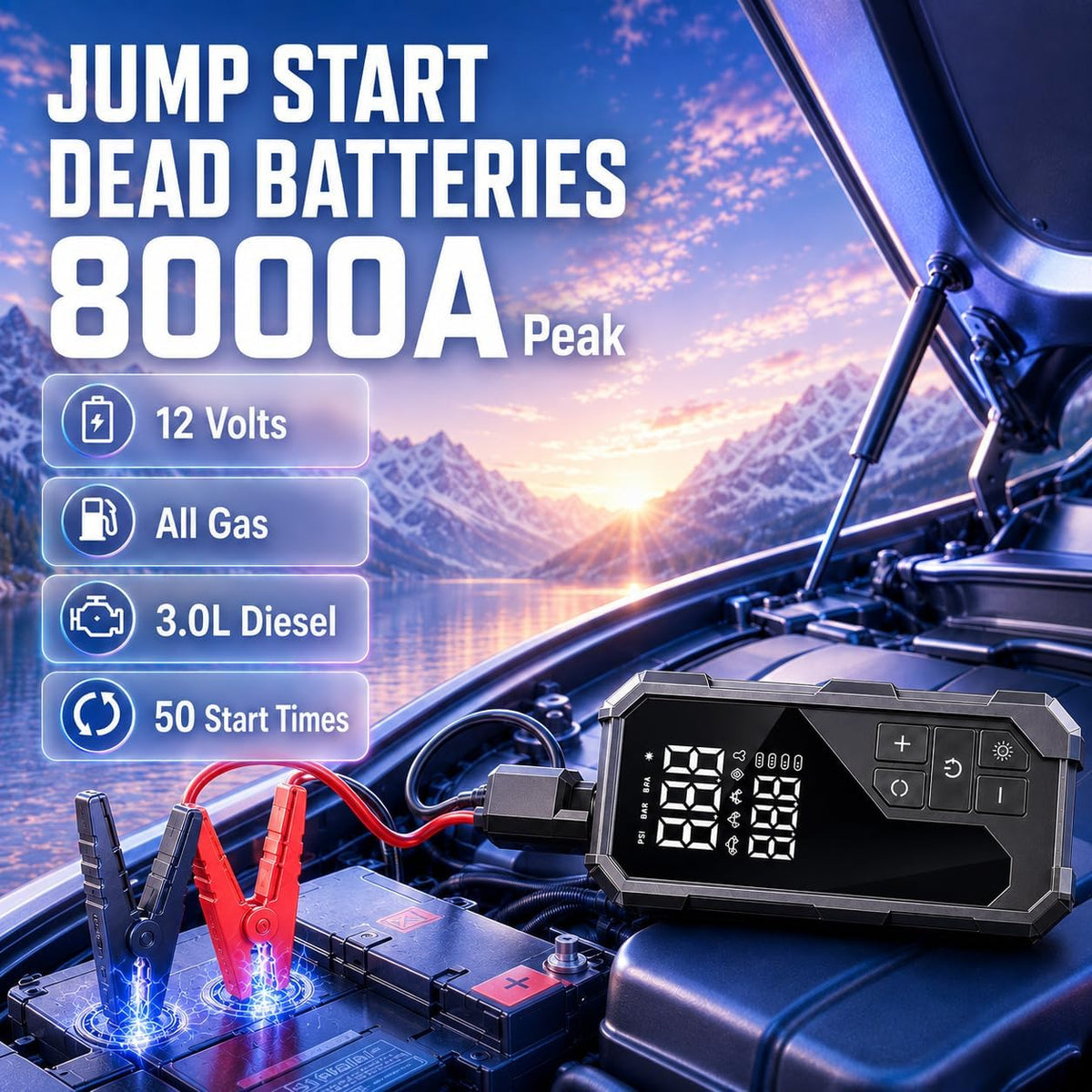 8000mAh Car Jump Starter with Air Compressor, 150 PSI Tire Inflator & Power Bank