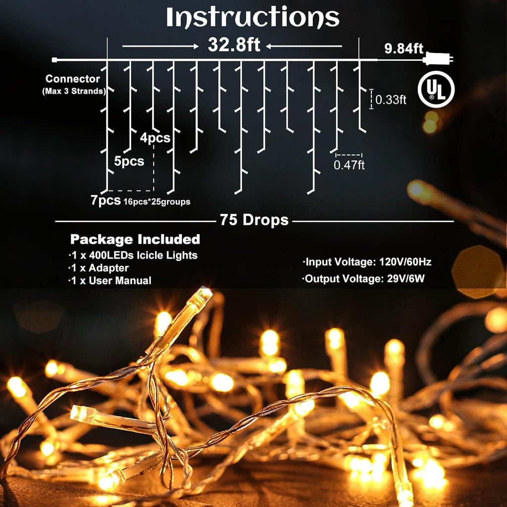 Icicle lights for Outside Christmas Lights Outdoor 33ft 320 LEDs Warm White