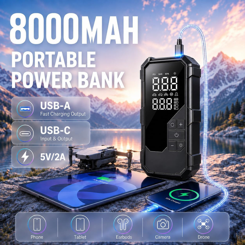 8000mAh Car Jump Starter with Air Compressor, 150 PSI Tire Inflator & Power Bank