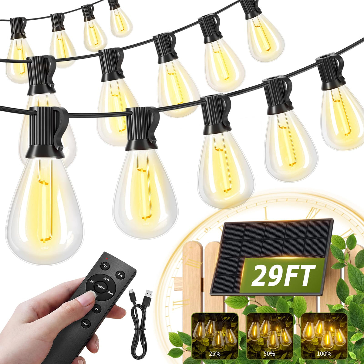200FT Solar String Lights Outdoor Waterproof 72+2 LED Bulbs, Solar Powered with Remote & USB Port, 3 Light Modes Dimmable Patio Lights for Large Backyard, Garden, Party