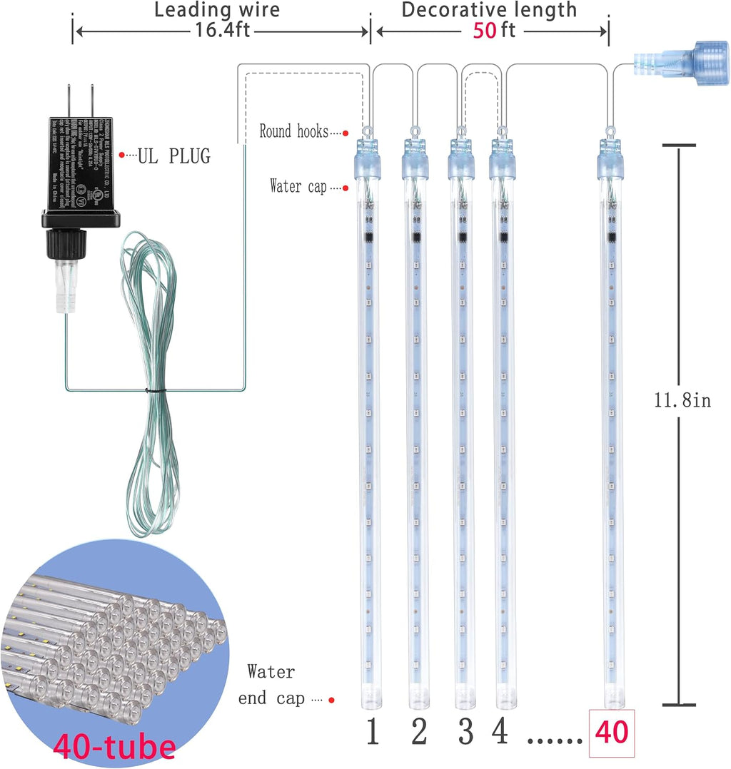 Blue Christmas Icicle Lights Outdoor: 40 Tube Meteor Shower Rain Lights