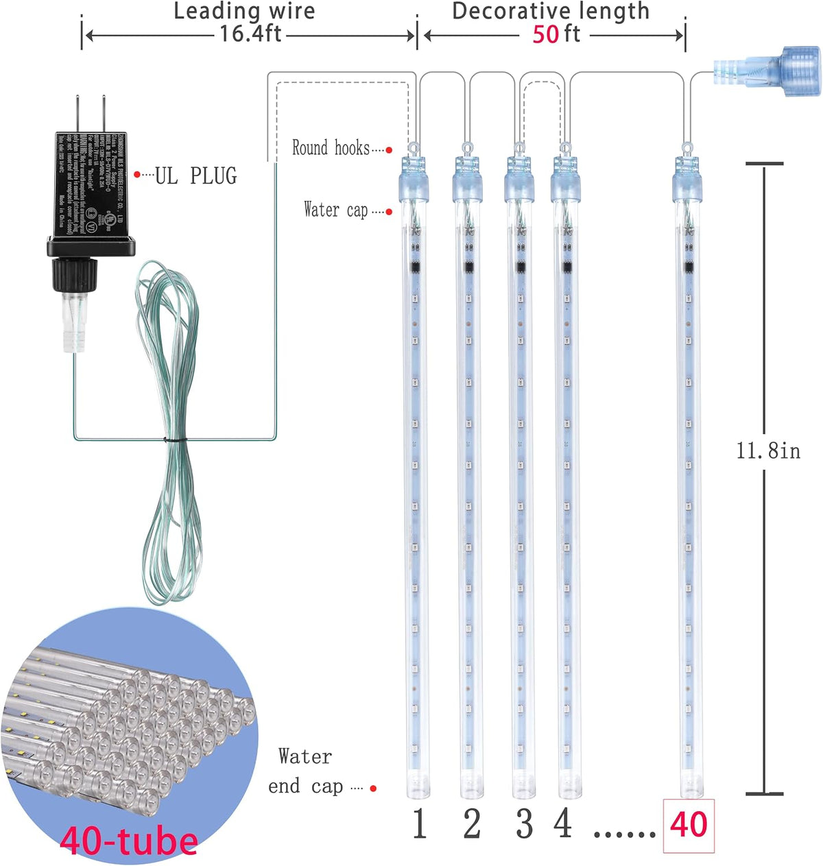 Blue Christmas Icicle Lights Outdoor: 40 Tube Meteor Shower Rain Lights