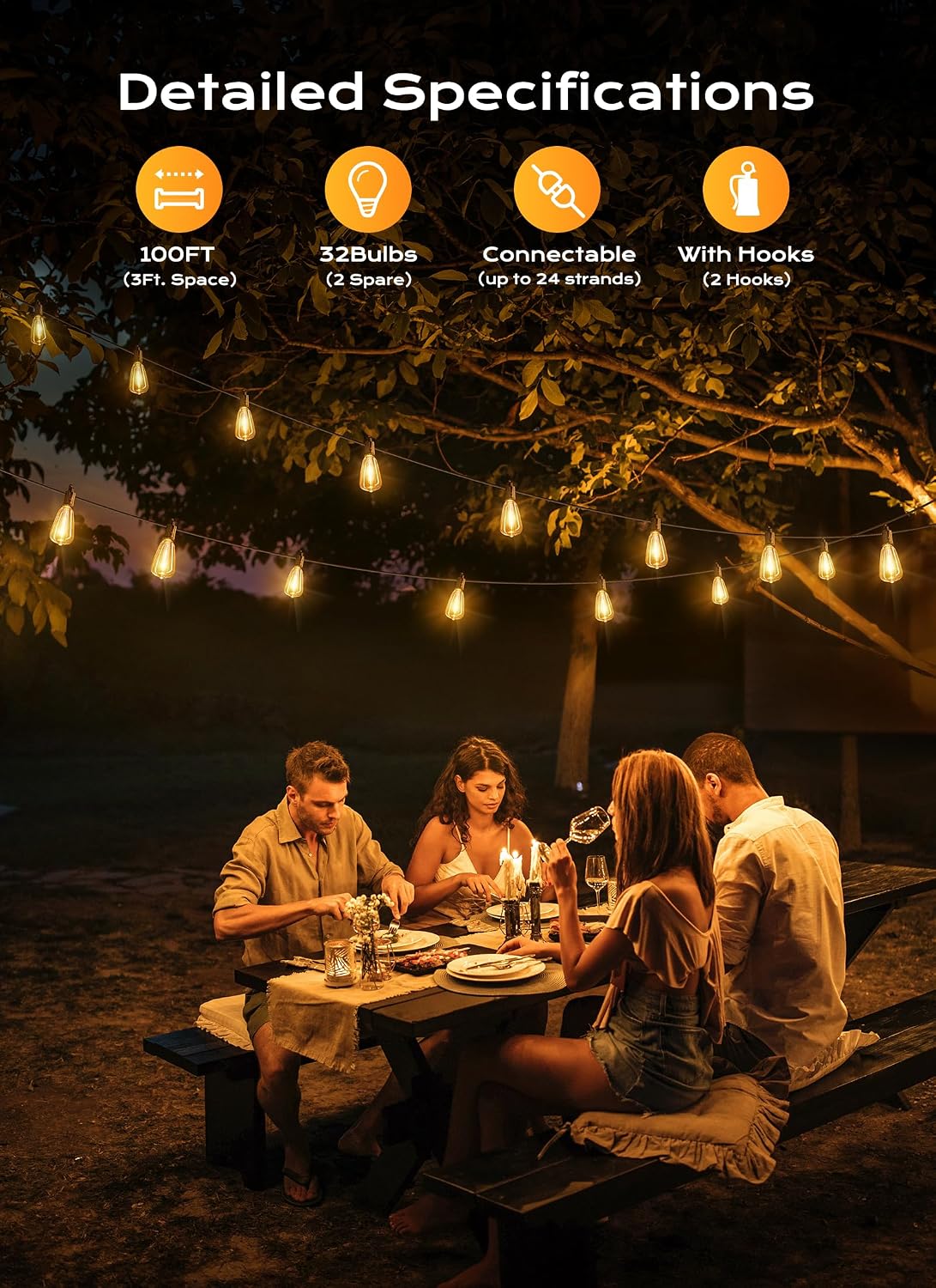 Solar Powered Outdoor String Lights Patio Lights 30FT ST38 Waterproof Dimmable
