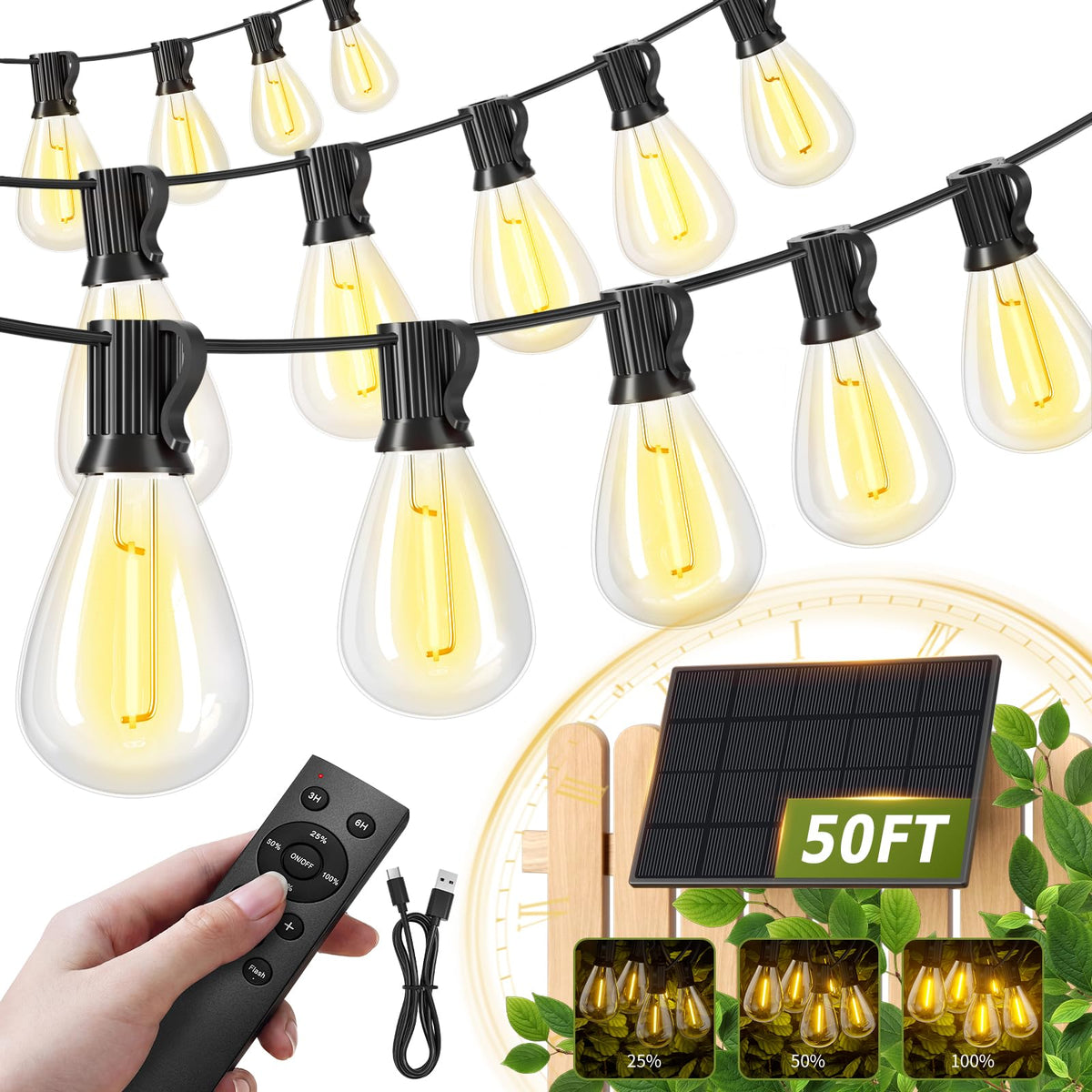 200FT Solar String Lights Outdoor Waterproof 72+2 LED Bulbs, Solar Powered with Remote & USB Port, 3 Light Modes Dimmable Patio Lights for Large Backyard, Garden, Party