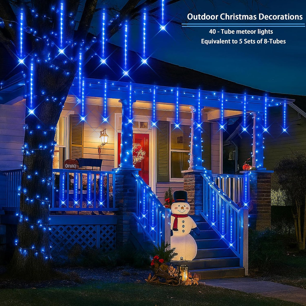 Blue Christmas Icicle Lights Outdoor: 40 Tube Meteor Shower Rain Lights