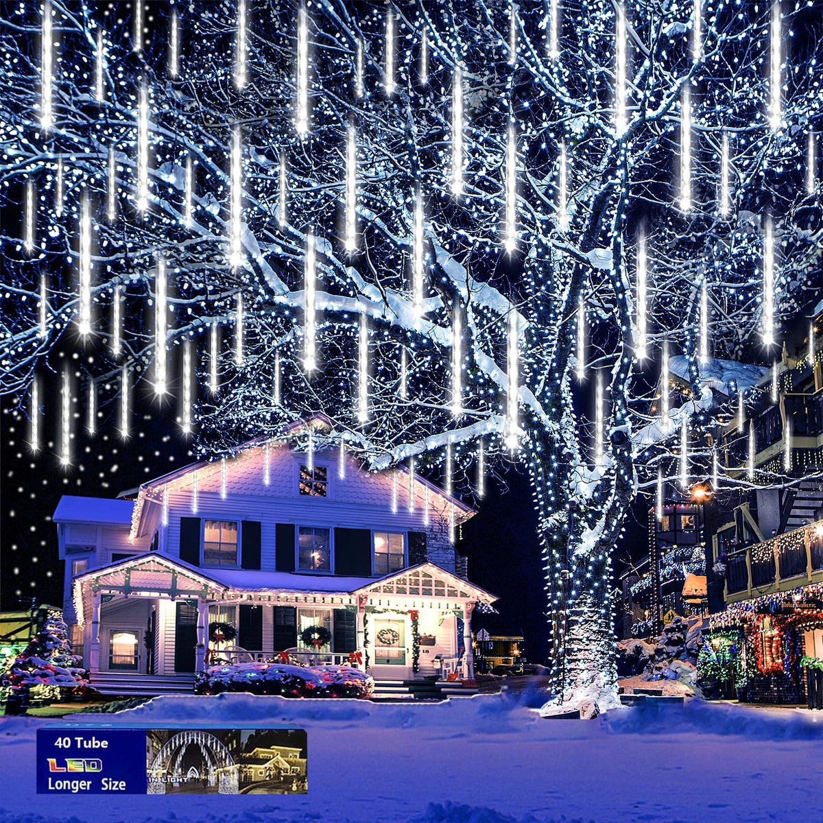 Blue Christmas Icicle Lights Outdoor: 40 Tube Meteor Shower Rain Lights