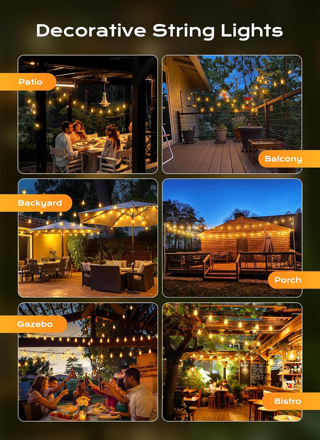 Solar Powered Outdoor String Lights Patio Lights 30FT ST38 Waterproof Dimmable