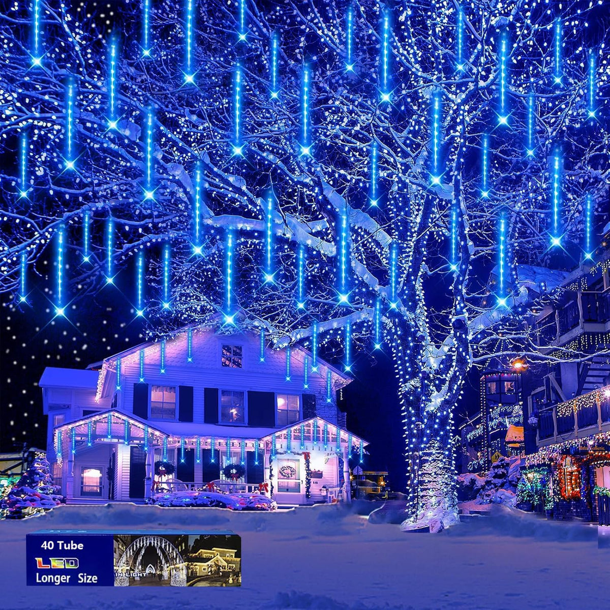 Blue Christmas Icicle Lights Outdoor: 40 Tube Meteor Shower Rain Lights