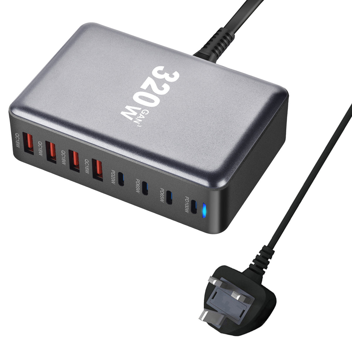 1000W / 320W GaN Desktop Charging Station – Multi-Port USB-C Fast Charger with Intelligent Power Allocation