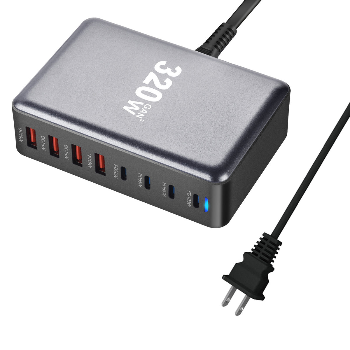 1000W / 320W GaN Desktop Charging Station – Multi-Port USB-C Fast Charger with Intelligent Power Allocation